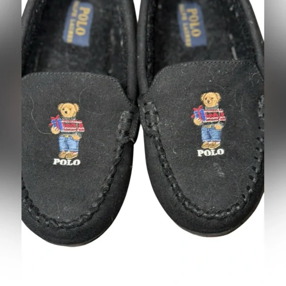 Polo by Ralph Lauren Black Moccasins Kids House Slippers with Bear Design - Picture 7 of 9